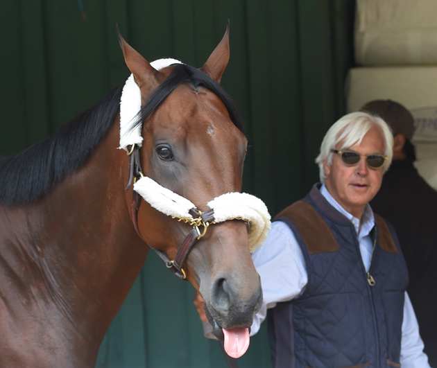 American Pharoah and trainer Bob Baffert at Pimlico.